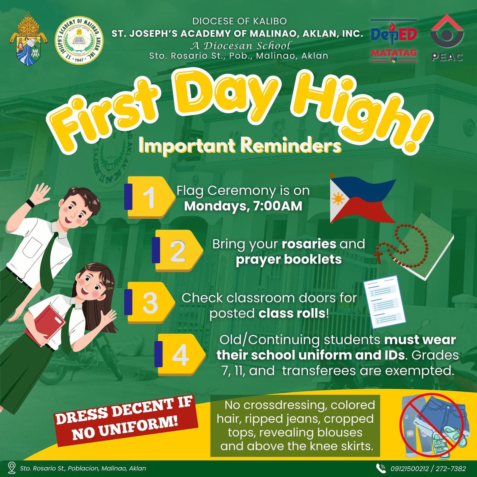 First Day High poster listing the school's important reminders for opening of classes