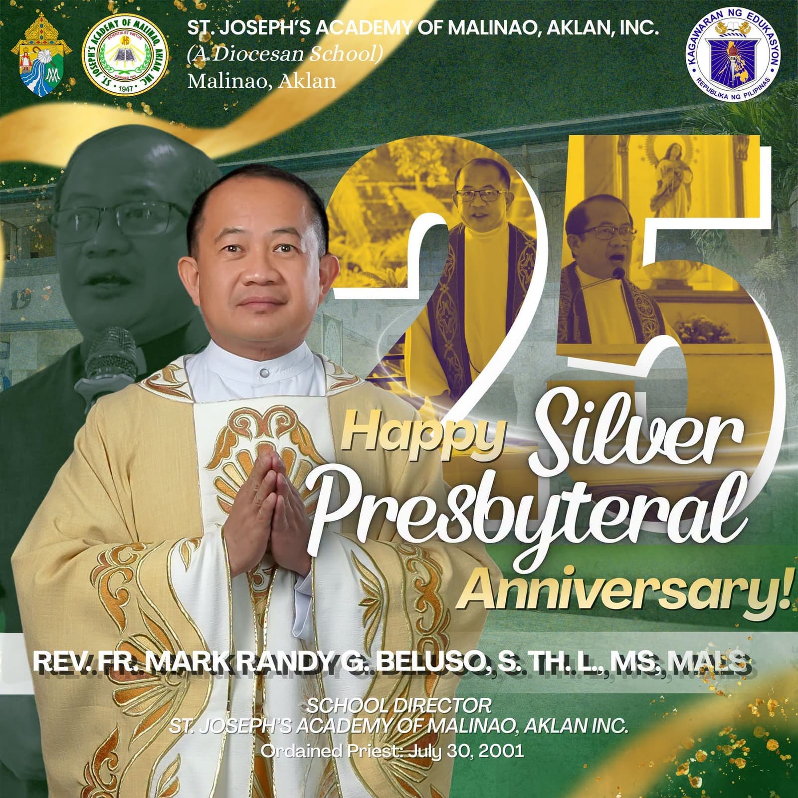 Anniversary card honoring Rev. Fr. Mark Randy G. Beluso, School Director, on his Silver Presbyteral Anniversary, ordained July 30, 2001